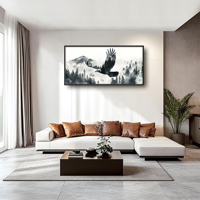 Framed Large Wall Art for Living Room, Flying Bald Eagle Canvas Wall Decor, Large Mountain Forest Pictures Framed Painting, Natural Landscape Artwork for Bedroom Office Home Decor 60L'' × 30W''