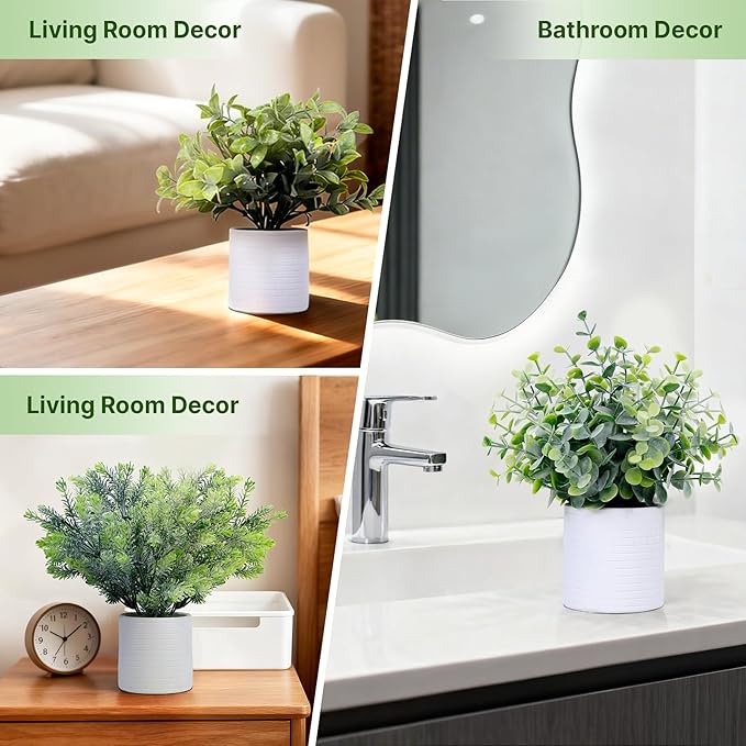 FGSAEOR Mini Potted Fake Plants, Small Artificial Greenery Realistic Plants Topiaries, Low Maintenance, for Home Office Shelf Desk Farmhouse Room Coffee Table Decor (3-Pack) (Grey)