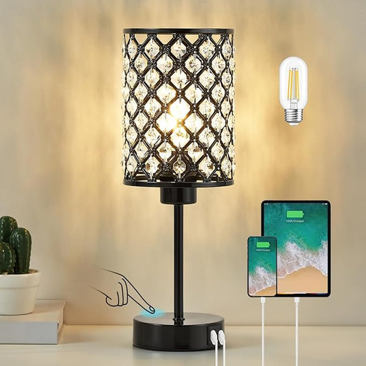 GyroVu Crystal Table Lamp, Black Lamp for Bedroom Nightstand with USB C+A Ports, 3 Way Dimmable Touch Lamp with Crystal Shade, Bedside Lamp Small Lamp for Bedroom, Living Room, Office (Buld Included)