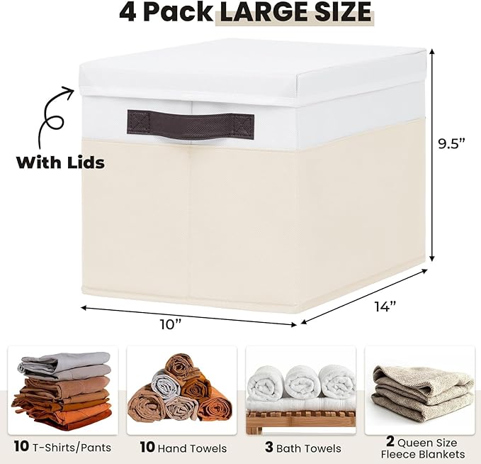 Large Closet Organizer Bins with Lids 4 Pack - Nursery Storage Baskets for Shelves Bedroom Dorm - Stackable Decorative RV Closet Organization Cubes with Handles for Clothes Purse Blanket Towel