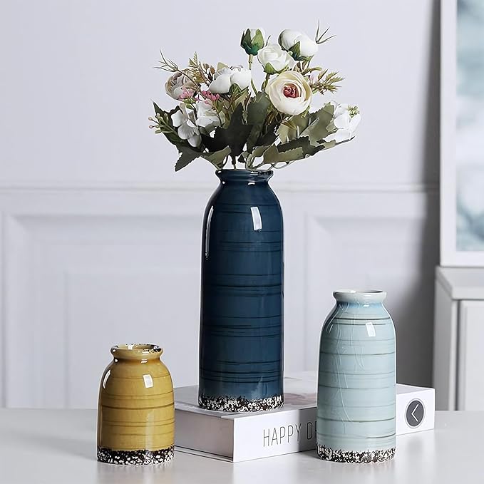 Ceramic Vase Set of 3, Farmhouse Rustic Decorative Vase for Home Decor, Modern Glazed Vase, Table Centerpiece for Living Room, Shelf, Bedroom, Kitchen (Colorful Cracks)