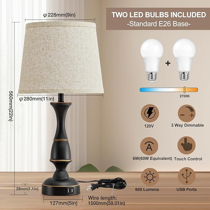 Luvkczc Touch Table Lamps Set of 2, 22" Tall Bedside Lamps with Dual USB A Ports, 3 Way Dimmable Nightstand Lamps for Bedroom, Living Room, Office, Black Lamps with Beige Lampshade, Bulb Included