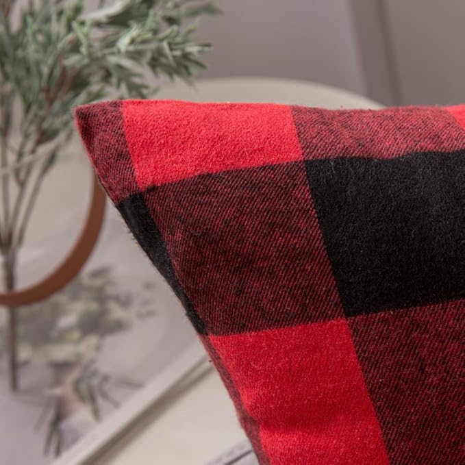 MIULEE Pack of 2 Classic Farmhouse Buffalo Check Plaids Polyester Linen Soft Soild Decorative Square Throw Pillow Covers Home Decor Cushion Case for Sofa Bedroom 18x18 Inch, Black and Red