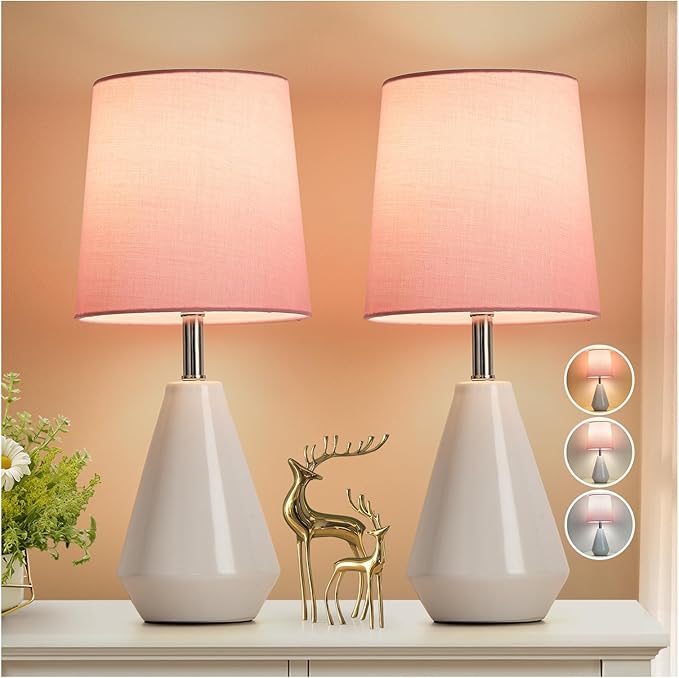 Small Bedside Table Lamp for Bedroom-Reading Desk Lamp Set of 2,with 3 Color Temperatures,15.5" Nightstand Ceramic Lamp with Fabric Shade for Kids Room,Living Room,Dorm,Home Office