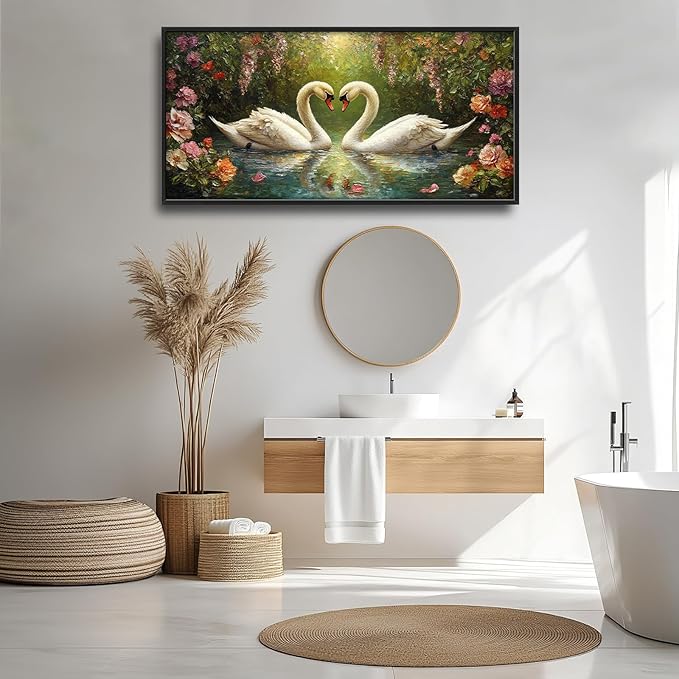 Swans Framed Wall Art for Living Room, Large Lake Loving Swans Canvas Wall Decor, Country Animal Pictures Painting, Natural Landscape Modern Artwork for Bathroom Bedroom 60L'' × 30W''