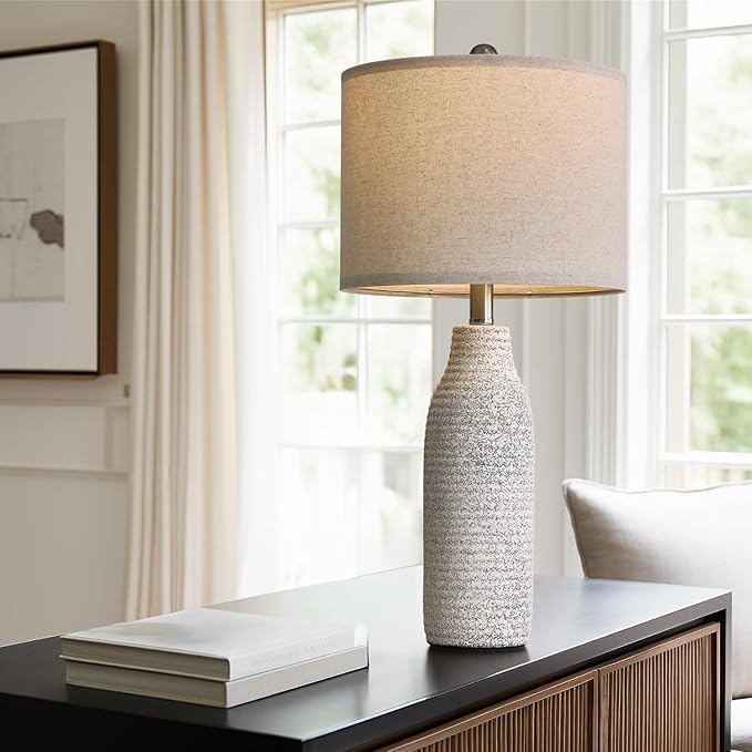 PORTRES 25" Ceramic Table Lamp for Bedroom Bedside Lamps for Night Stands Modern Lamps for Living Room with Rotary Switch Gray and White（1Pack）