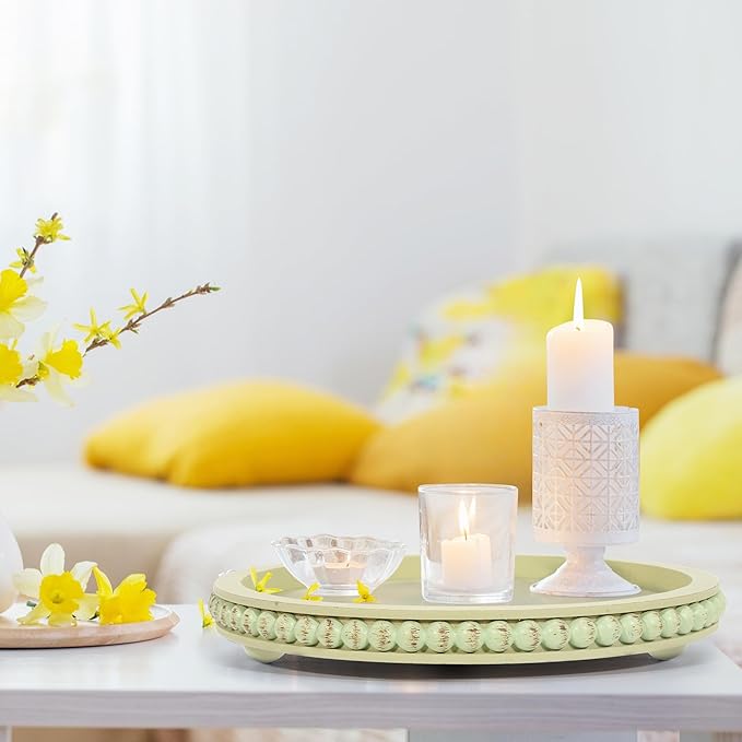 HPC Decor 12in Round Mint Green Wood Beaded Tray - Decorative Living Room, Coffee Table, Kitchen Table, Dining Room or Farmhouse Serving Tray