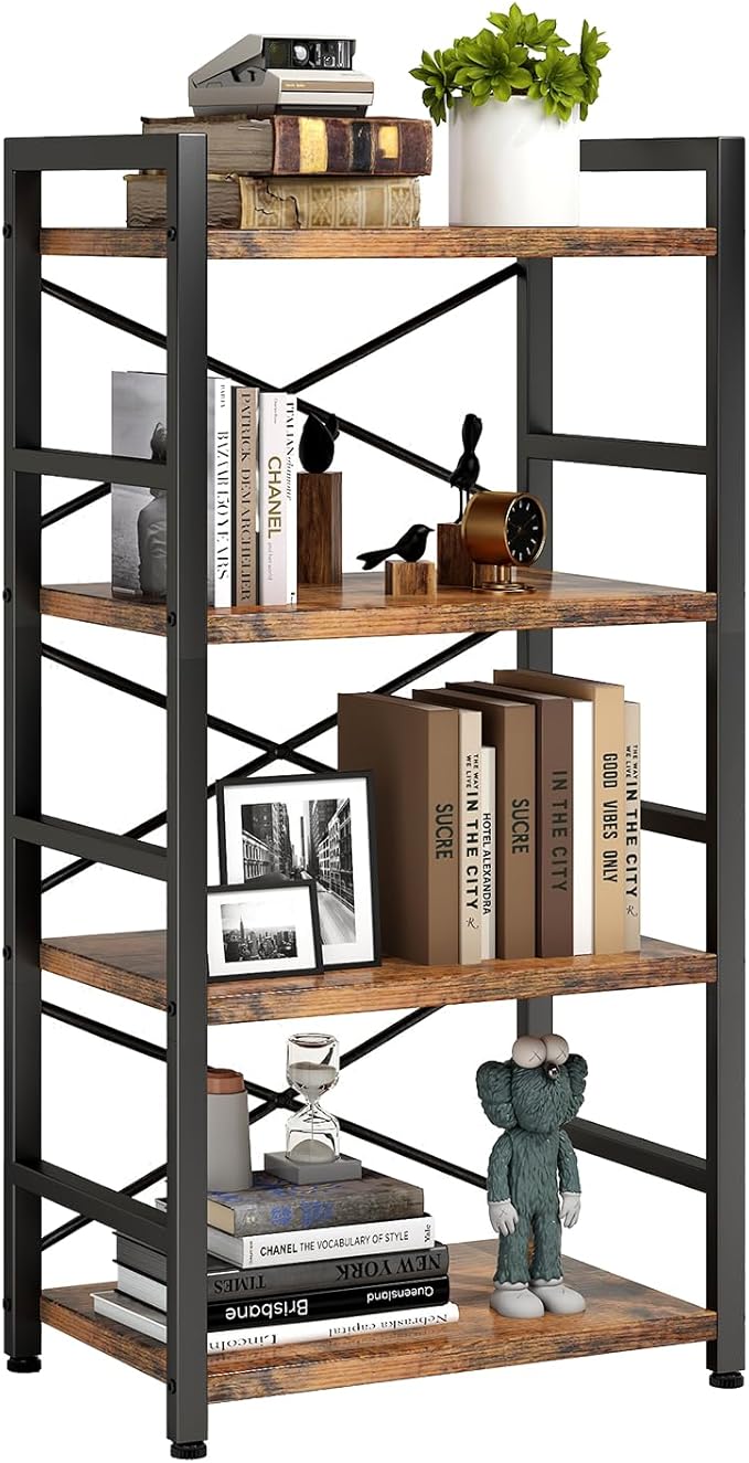 Homeiju Bookshelf, 4 Tier Small Bookcase, Organizers and Storage, Metal Small Bookcase, Rustic Book Shelf Organization and Storage for Living Room, Bedroom, and Home Office(Rustic Brown)