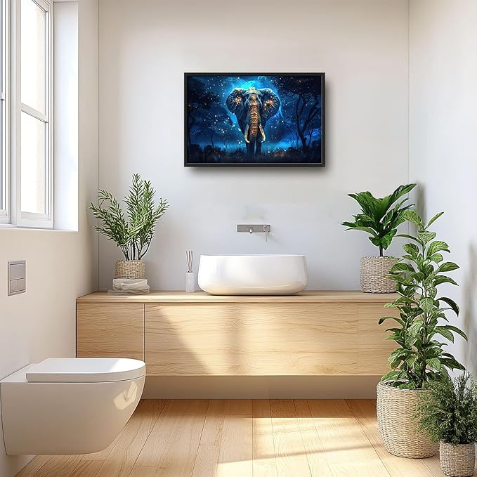 Flintis Large Elephant Wall Art Elephant Moon Wall Decor Abstract Animal Canvas Painting Print Artwork Decoration Framed for Living Room Bathroom Master Bedroom Office Dining Room 36L x 24W