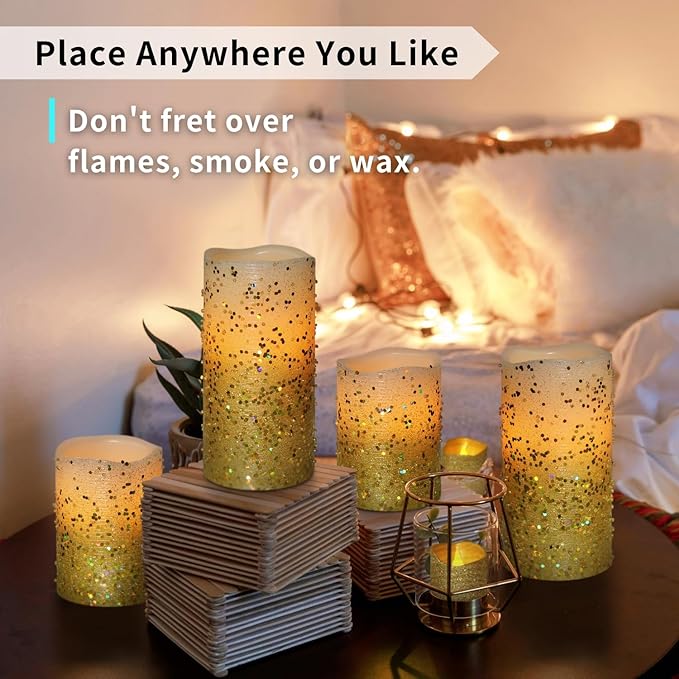 FURORA LIGHTING Gold Glitter LED Candles with Remote and Timer, 4 Pillars and 4 Votives Pack of 8, Real Wax Flameless Flickering Candles for Home Décor, Battery Included