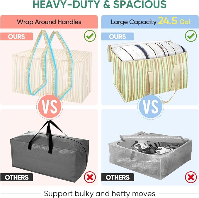 BALEINE 8-Pack Oversized Moving Bags with Reinforced Handles, Heavy-Duty Storage Tote for Clothes, Moving Supplies (Color Strip, 8-Pack)