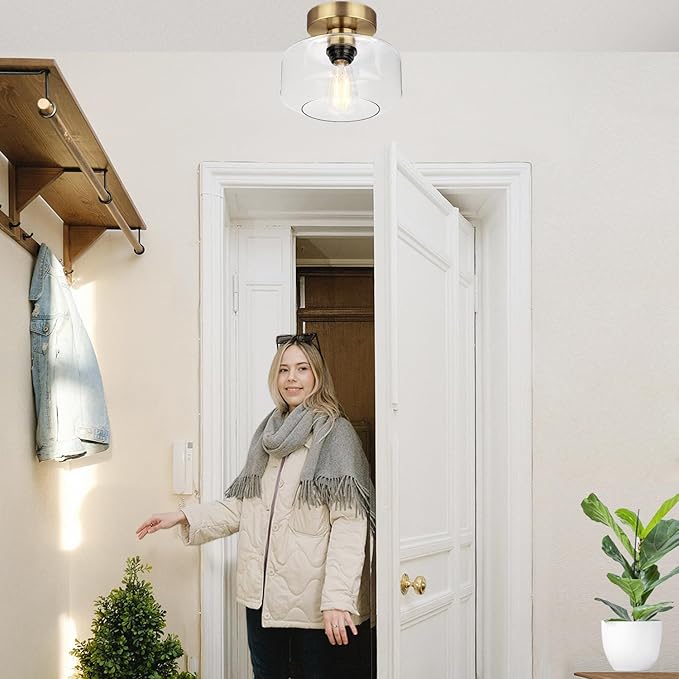 Industrial Semi Flush Mount Ceiling Light Brass, 800 Lumen LED Bulb Included, Clear Glass Shade Ceiling Light Fixture, Light Fixture for Hallway Bathroom Bedroom, Vintage Hanging Lighting