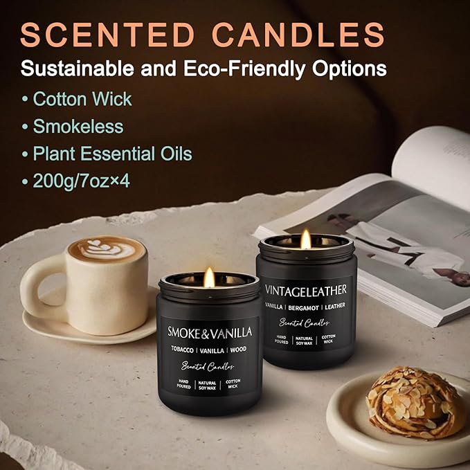 Scented Candles Gift Set - 4 Pack (7oz Each) Soy Wax Aromatherapy Candles with Essential Oils, Smokeless - Leather & Smoke, Vanilla Oakmoss, Lavender - Relaxing Fragrance for Home, Office, Yoga