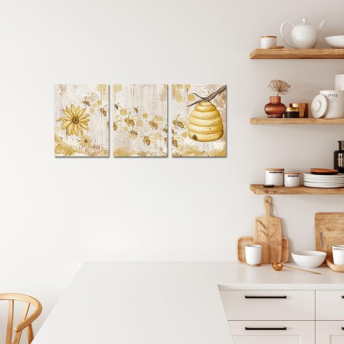 FuShvre Vintage Yellow Wall Art Honey Bee Canvas Painting Picture Bee and Flower Daisy Artwork for Kitchen Famrhouse Decor Framed 12"x16" Each (Small, White)