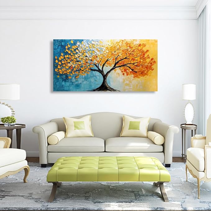 Blue and Yellow Canvas Wall Art Bedroom Wall Decor Living Room,Abstract Tree Leaves Wall Art Office Kitchen Paintings Artwork Modern Golden LeafPictures Art Prints Waterproof Ready to Hang-20x40inch