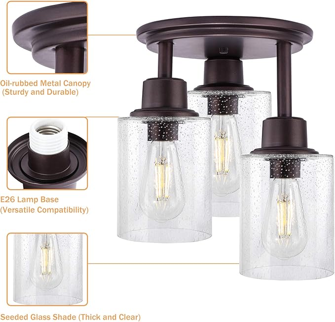 Semi Flush Mount Ceiling Light, 3-Light Close to Ceiling Light Fixtures, Vintage Oil-Rubbed Bronze Finish Kitchen Light Fixture with Clear Seeded Glass Shade Patriot Lighting for Entryway Porch Foyer