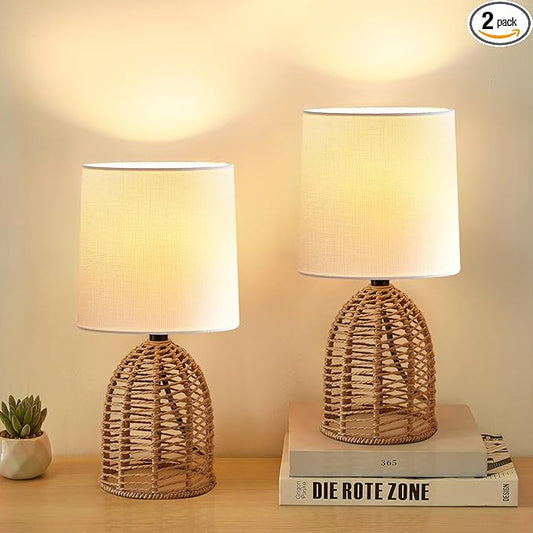 Rattan Lamp Boho Lamps Set of 2-13.75" Mini Farmhouse Table Lamp Rustic End Table Decorative Small Lamps for Small Spaces Bedroom Nightstand Living Room Reading Desk Side Table Lamp