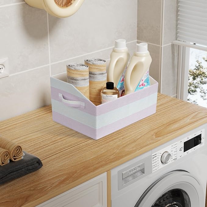 Linen Closet Organizers and Storage, Trapezoid Fabric Bins, Home Office Organization Baskets Striped Collapsible Box with Handles for Clothes, Blanket, Books, DVD, 4 Pack, Light Pink/White