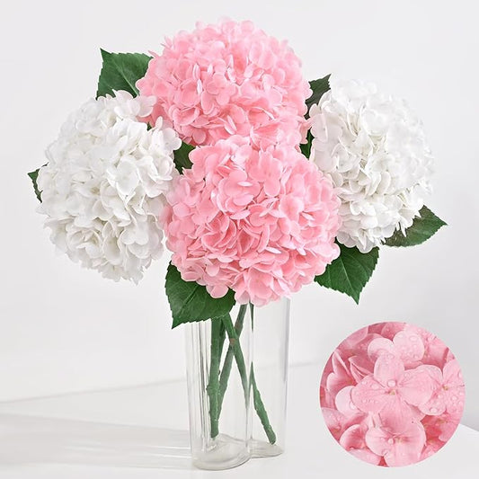 Artflower 4Pcs Real Touch Hydrangea Artificial Flowers, 22.5'' White & Pink Full Latex Faux Hydrangea Flowers for Home Floral Arrangements Wedding Bouquets Kitchen Table Centerpiece Decorations