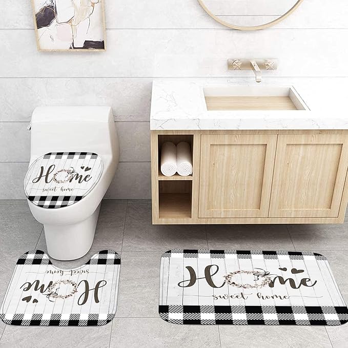 FZDHHY Black and White Shower Curtain Set Home Sweet Home Bathroom Sets with Rugs,Rustic Plaid Bathroom Shower Curtain Set with Carpet Bath Mat Toilet Rugs