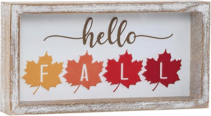 Embossed Hello Fall Sign, Farmhouse Fall Decorations for Home, Modern Autumn Home Decor Indoor, Wooden Thanksgiving Tiered Tray Decor for Table Shelf Cubicle Desk Mantel