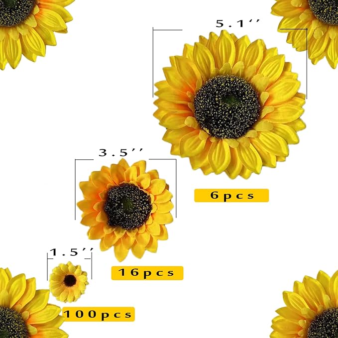 UKELER 122pcs Artificial Sunflower Heads 5.1'' 3.5'' 1.5'' Yellow Sunflower Artificial Flowers for Home Decoration Wedding Decor Birthday Party Decor Garden Craft Art Decor