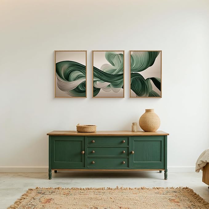 KAIRNE Green Abstract Wall Art Set of 3, Minimalist Green Lines Wall Decor, Modern Flowing Texture Painting for Living Room, Bedroom, Office, Framed Easy to Hang 16x24 Inches