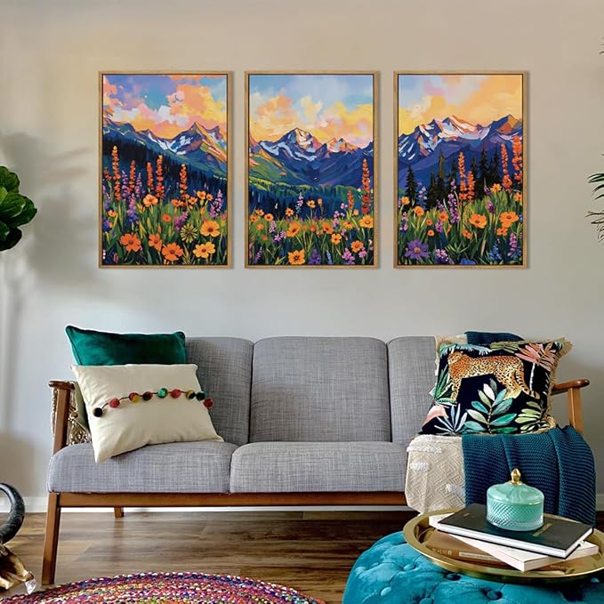 ANHUIB Colorful Wildflower Wall Art Boho Mountain Wall Decor Nature Floral Art Print 16x24 Inch Set of 3 for Living Room Bedroom Dining Room