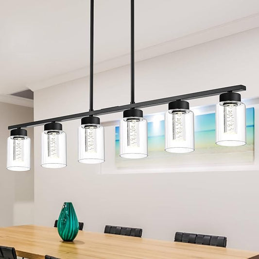 6-Lights 5CCT LED Black Kitchen Island Light LED Integrated Bulbs Included, Modern Linear Pendant Light Fixtures Hanging with Bubble Crystal LED & Clear Glass Shade
