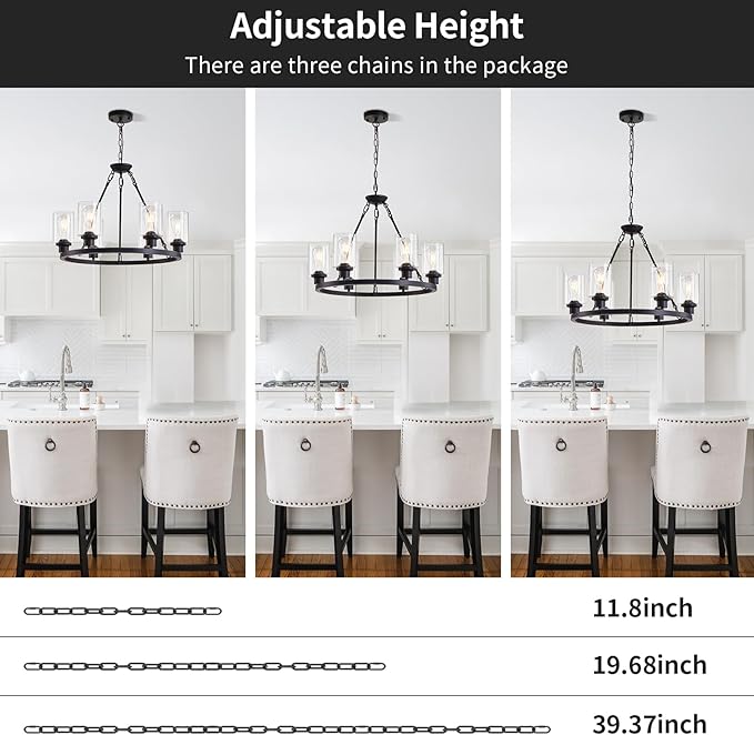 6-Light 24" Modern Farmhouse Chandeliers for Dining Room,Wagon Wheel Black Chandelier,Adjustable Height Hanging Round Pendant Lights for Kitchen Island Clear Glass Shade Ceiling Light fixtures