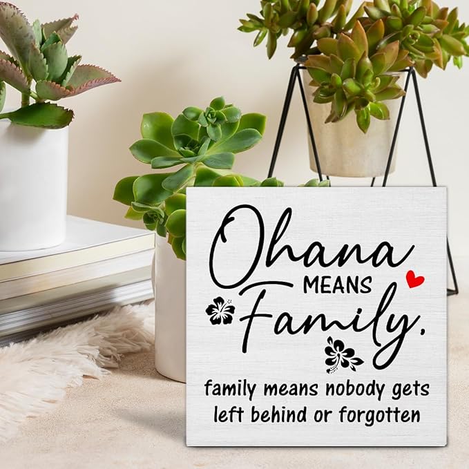 Family Signs for Home Decor, Farmhouse Ohana Means Family Wood Sign Home Living Room Hallway Bedroom Kitchen Desk Shelf Table Decoration 5 X 5 Inch