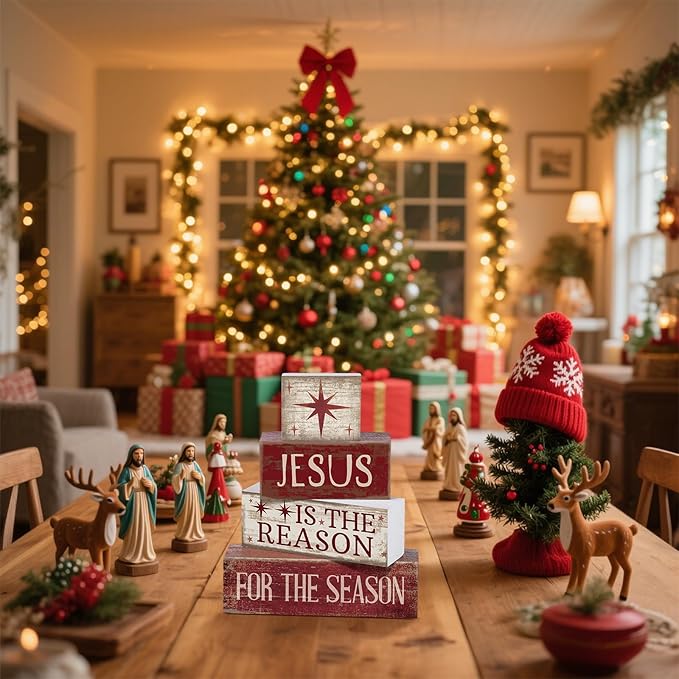 4 Pcs Christmas Table Decoration Jesus Decor Christmas Tiered Tray Decor Christian Centerpiece Decorative Jesus Block Signs Gift Farmhouse for Religious Home Office Tabletop Kitchen Office