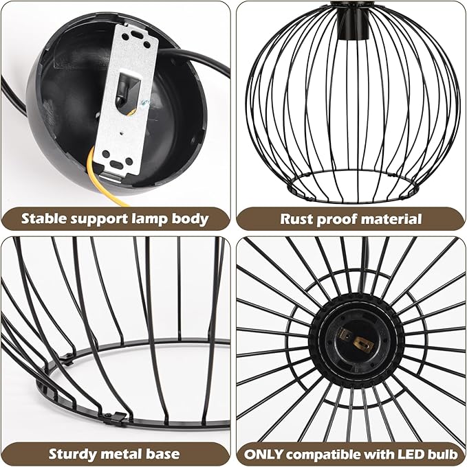 Black Ball Modern Industrial Chandelier – DIY Metal Cage Pendant Light Fixture, E26 Base (No Bulb), Assembly Required, for Living Room, Kitchen, Dining Room, Bedroom, Farmhouse, Bar, Café