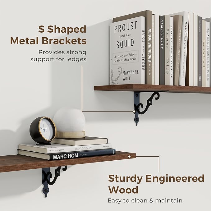 RICHFOCUS Floating Shelves for Wall Decor, 8 Inch Deep Shelves Set of 2, 16W x 8D Floating Shelves Wall Mounted with Metal Brackets, Rustic Wood Shelves for Living Room Bedroom Kitchen, Walnut