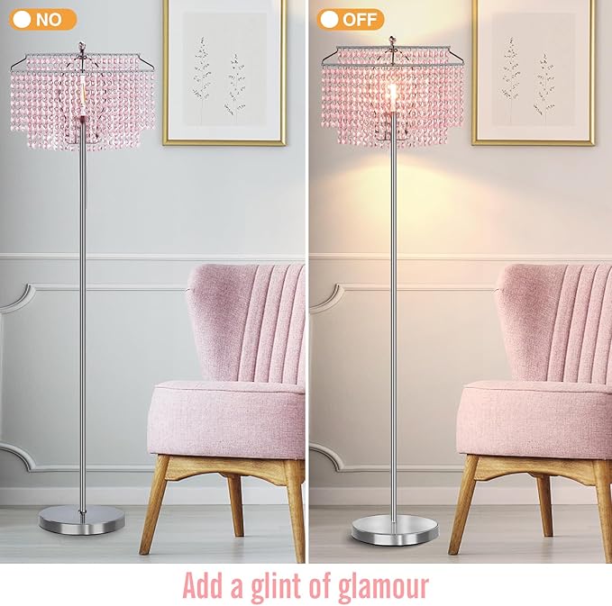 Luvkczc Pink Crystal Floor Lamp, 64" Tall Standing Lamps with Double-Layer Lampshade, Floor Lamps with On/Off Foot Switch, Elegant Floor Lamp for Living Room, Girl Bedroom, Dresser, Office
