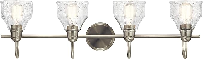 Kichler Avery 33.25" Vanity Bath Light in Brushed Nickel, Vintage 4-Light Bathroom Wall Mount Fixtured with Clear Seeded Glass, (24" W x 9.25" H), 45974NI White