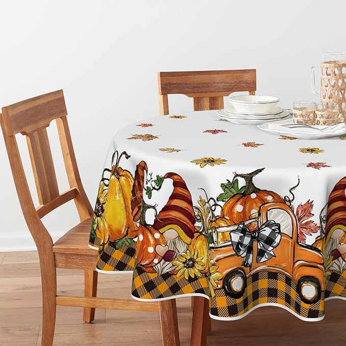 Horaldaily Fall Tablecloth 60x60 Inch Round, Thanksgiving Autumn Harvest Orange Truck Gnome Pumpkin Buffalo Plaid Table Cover for Party Picnic Dinner Decor