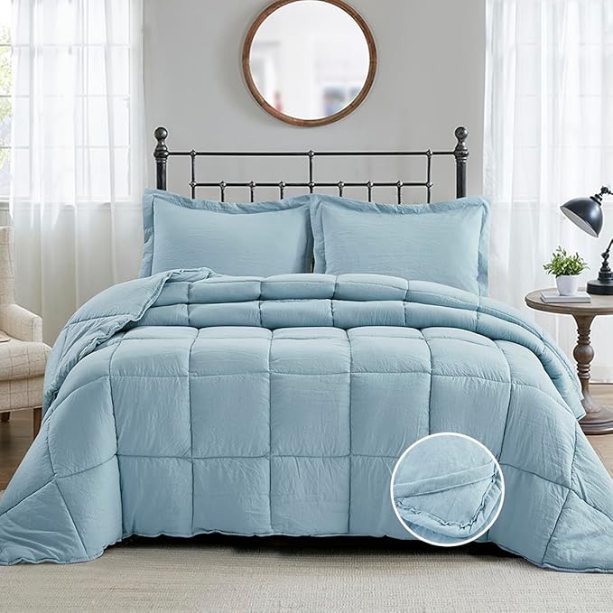 HIG Pre Washed Down Alternative Comforter Set Queen - Reversible Chic Quilt Design - Box Stitched with 4 Corner Tabs - Lightweight for All Season - Blue Duvet Comforter with 2 Pillow Shams