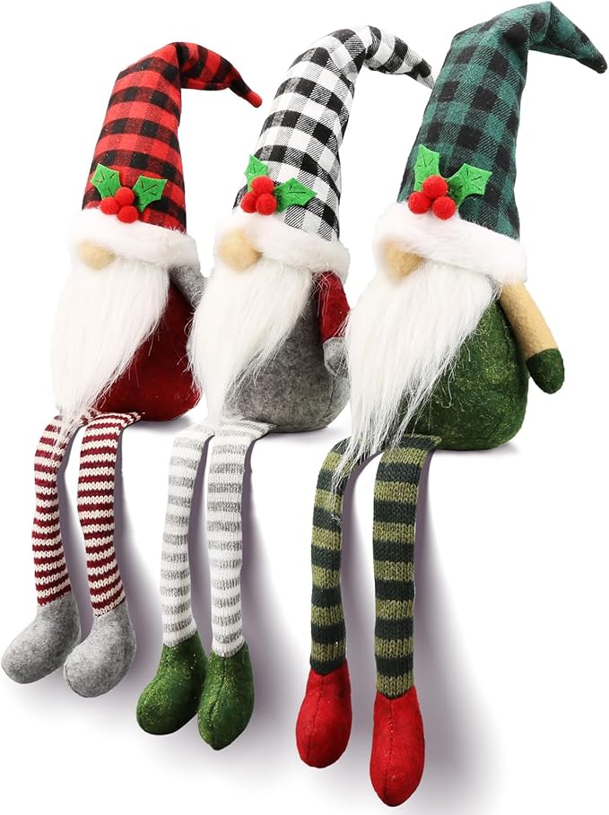 3Pcs Christmas Gnomes Plush - Xmas Gnomes Santa Scandinavian Tomte Ornaments - Buffalo Check Plaid Christmas Doll - Xmas Decorations for Home, Office, Indoor for Women, Gnomes Lovers