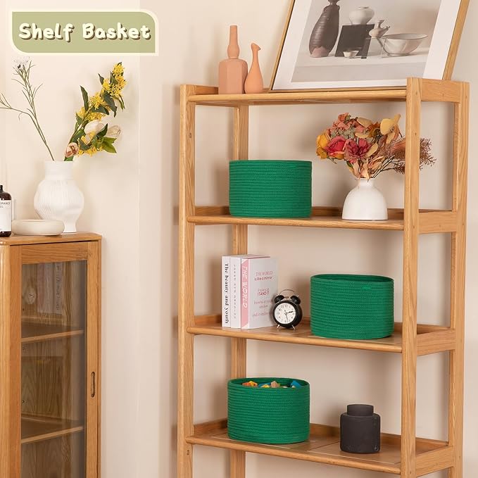 OIAHOMY Small Storage Baskets for Organizing,Closet Cube Shelf Storage, 9.8”×9.8”×7.1”, Woven Cotton Rope Gift Baskets for Nursery,Cute Dog Toy bins, Round 3 Packs, Green