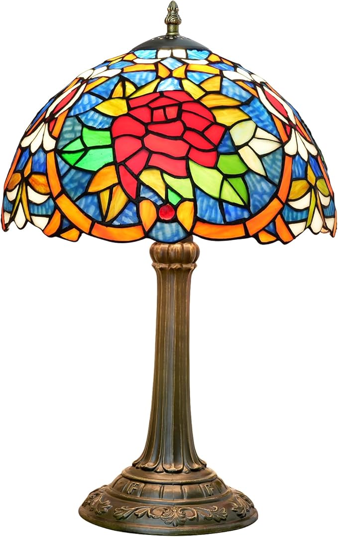 Tiffany Lamp 12 Inch Tiffany Style Red Rose Retro Bedside Lamp Stained Glass Table Lamp Suitable For Bedrooms Hotels Restaurants Dormitories Vintage Antiques Home Decoration Art And Craft Gifts