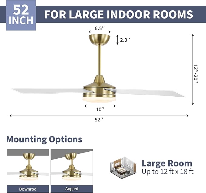 WINGBO 52 Inch Ceiling Fan with Lights and Remote, 3CCT, Modern Ceiling Fan with Ripple Glass Shade, 6-Speed Reversible DC Motor for Bedroom Living Room Kitchen Hallway, Brass and White