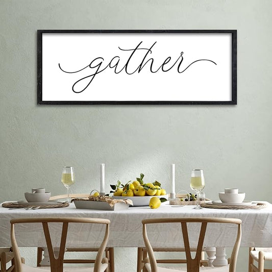 Surfapans Dining Room Wall Decor Gather Sign 32"×12" for Family Gathering Rustic Farmhouse Kitchen Vintage Simple Large Modern Plaque Wood Framed Home Horizontal Hanging Art (Black)
