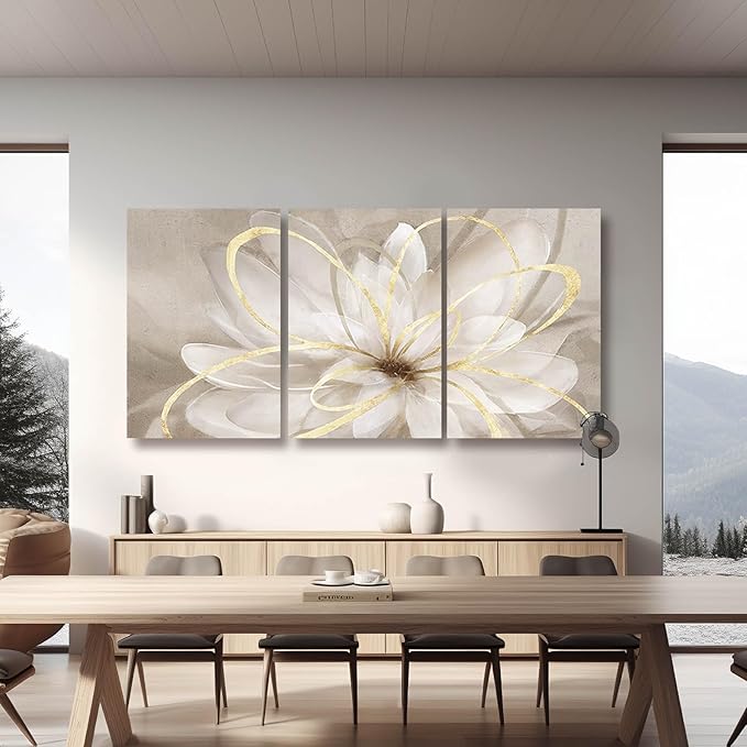 Kureful Gold Wall Art Pictures for Bedroom Flowers Wall Decor Floral Posters Art 3 Piece Wall Decorations Minimalist Decor for Walls 20"x 26"x 3