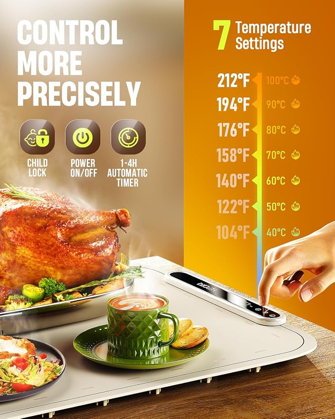 Warming Mat for Food, VEPOKA Food Warmer Mat for Countertop, Electric Warming Tray with 7 Temp Levels & Auto Shut-Off, Food Warmers for Parties, Ideal Gift for Kitchen & Buffet Use