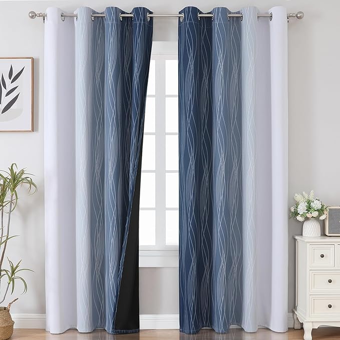Estelar Textiler Blackout Curtains 90 Inches Long 2 Panels, Navy Blue and Greyish White Thermal Insulated Energy Saving Ombre Drapes for Bedroom,Light Blocking Grommet Curtains for Living Room,52Wx90L