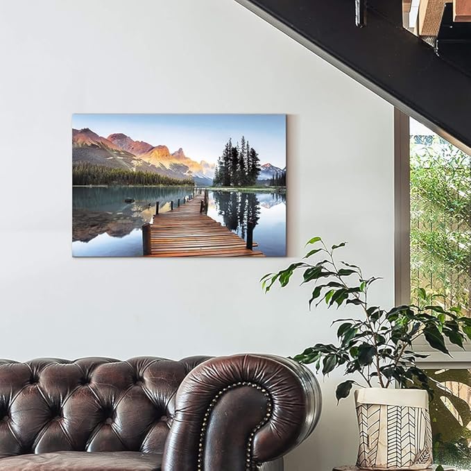 Lake Boardwalk Canvas Wall Art: Nature Mountain Sunset Scenic Artwork Woodland Water Print Picture for Bedroom