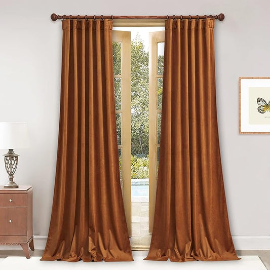 StangH 120 inches Velvet Curtains - Luxury Heavy Thick Room Darkening Window Drapes for Living Room/Sliding Door/French Door, Burnt Orange, W52 x L120, 2 Panels