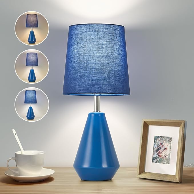 Small Bedside Table Lamp for Bedroom - Reading Desk Lamp with 3 Color Temperatures，15.5" Nightstand Ceramic Lamp with Fabric Shade for Kids Room,Living Room,Dorm,Home Office (Blue)