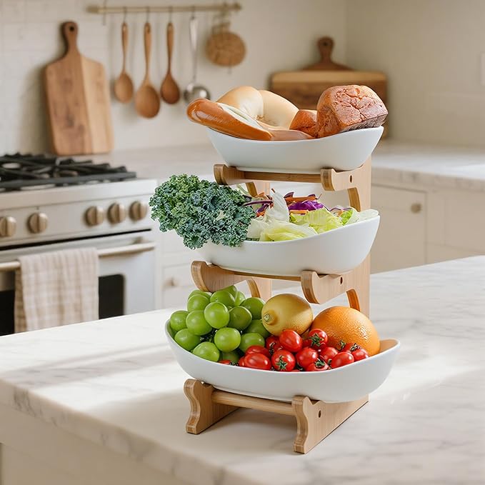 SEVEN SPARTA Fruit Bowl for Kitchen Counter - 3 Tier Ceramic Serving Bowls with Bamboo Stand, Tiered Fruit Basket for Fruit Vegetable Storage, Cake, Dessert, Nuts, Snack, Salad (Dishwasher safe)